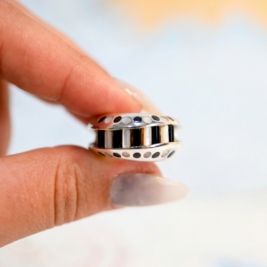 Aperture Ring in Argentium and Sterling Silver with Black Onyx and Mother of Pearl Cylettes