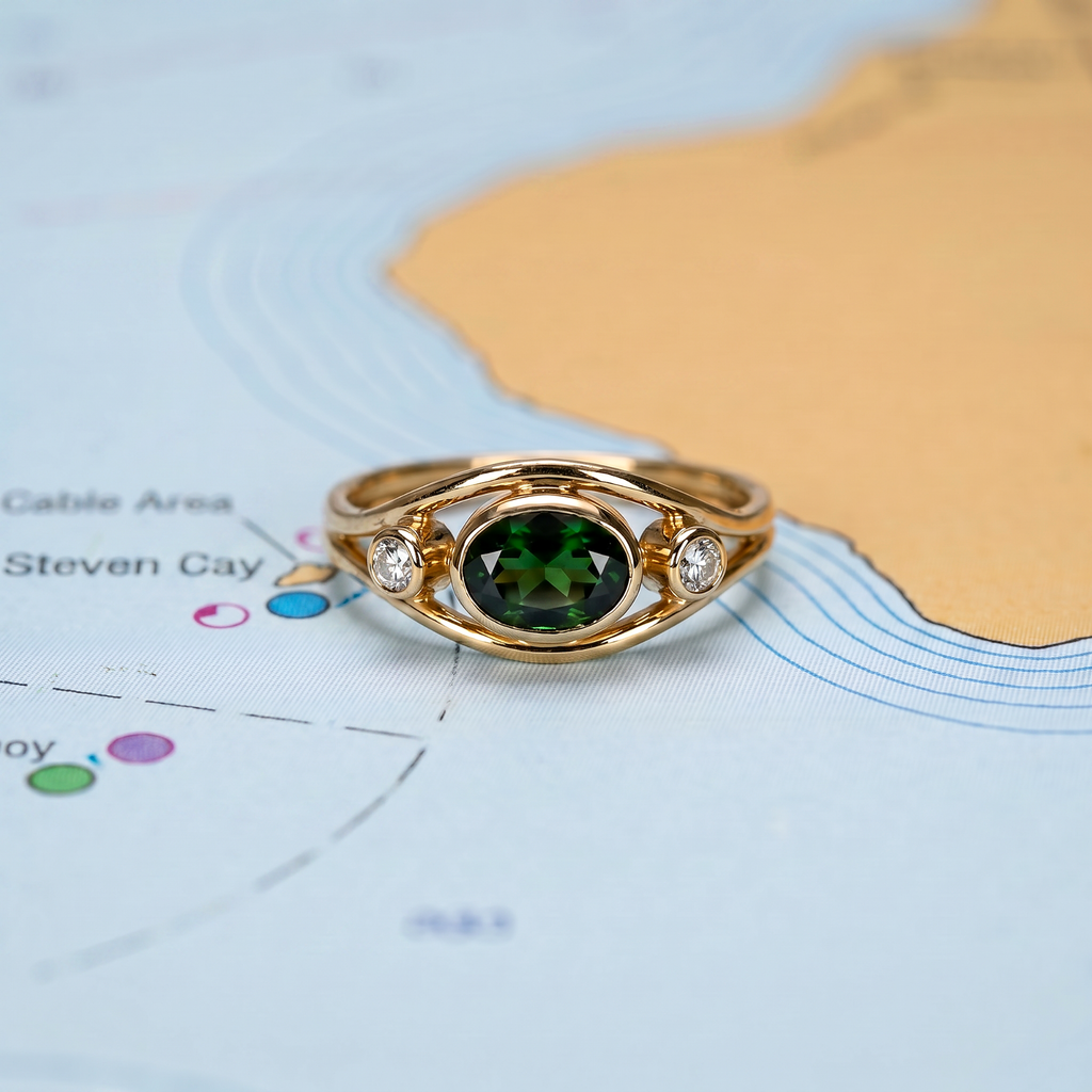 Ring in 14K Yellow Gold with Chrome Tourmaline and Diamonds