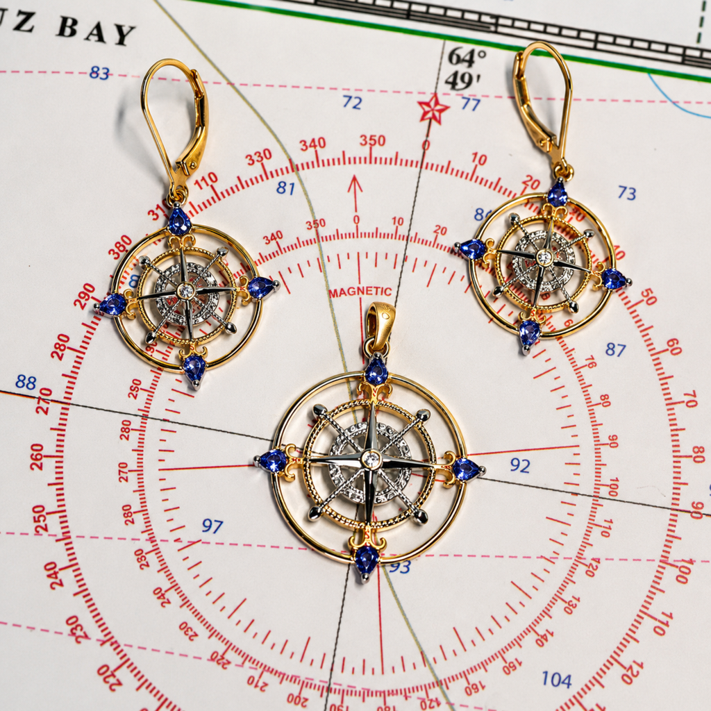 Compass Rose Earrings in Two-Tone 14K Gold with White Diamonds and Tanzanite