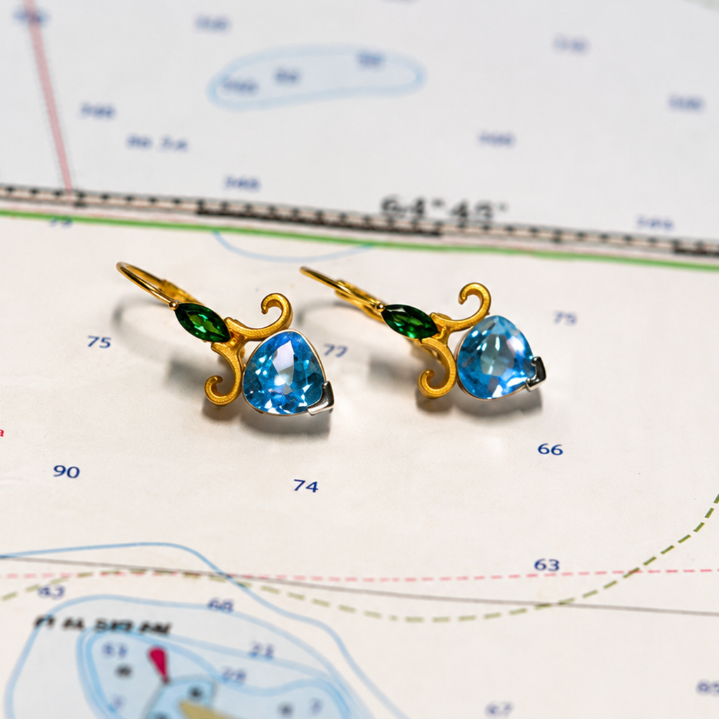 Moonstone Earrings (2.18 cttw) in 18K Two-Tone Gold with Tsavorite (0.30 cttw) and Blue Topaz (0.81 cttw) accents