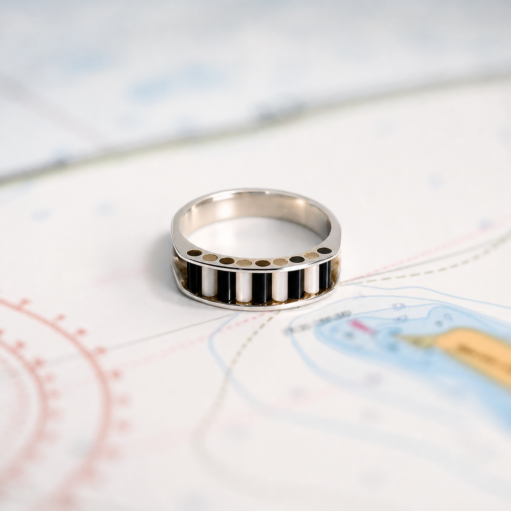 Aperture Ring in Argentium and Sterling Silver with Black Onyx and White Mother of Pearl Cylettes