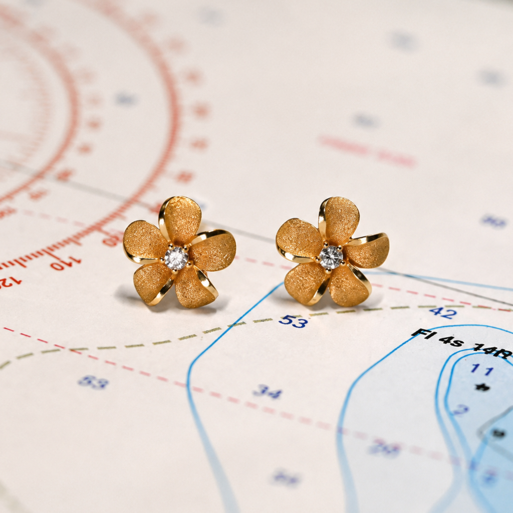 Plumeria Stud Earrings in 14K Yellow Gold with Two White Diamonds (0.044 cttw)