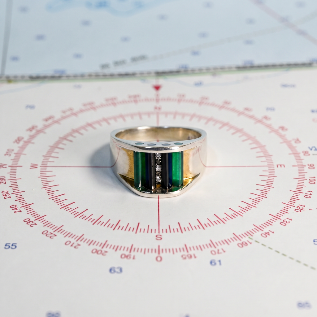 Capture Ring in Argentium and Sterling Silver with 10mm Cubic Zirconia, Blue and Green Onyx