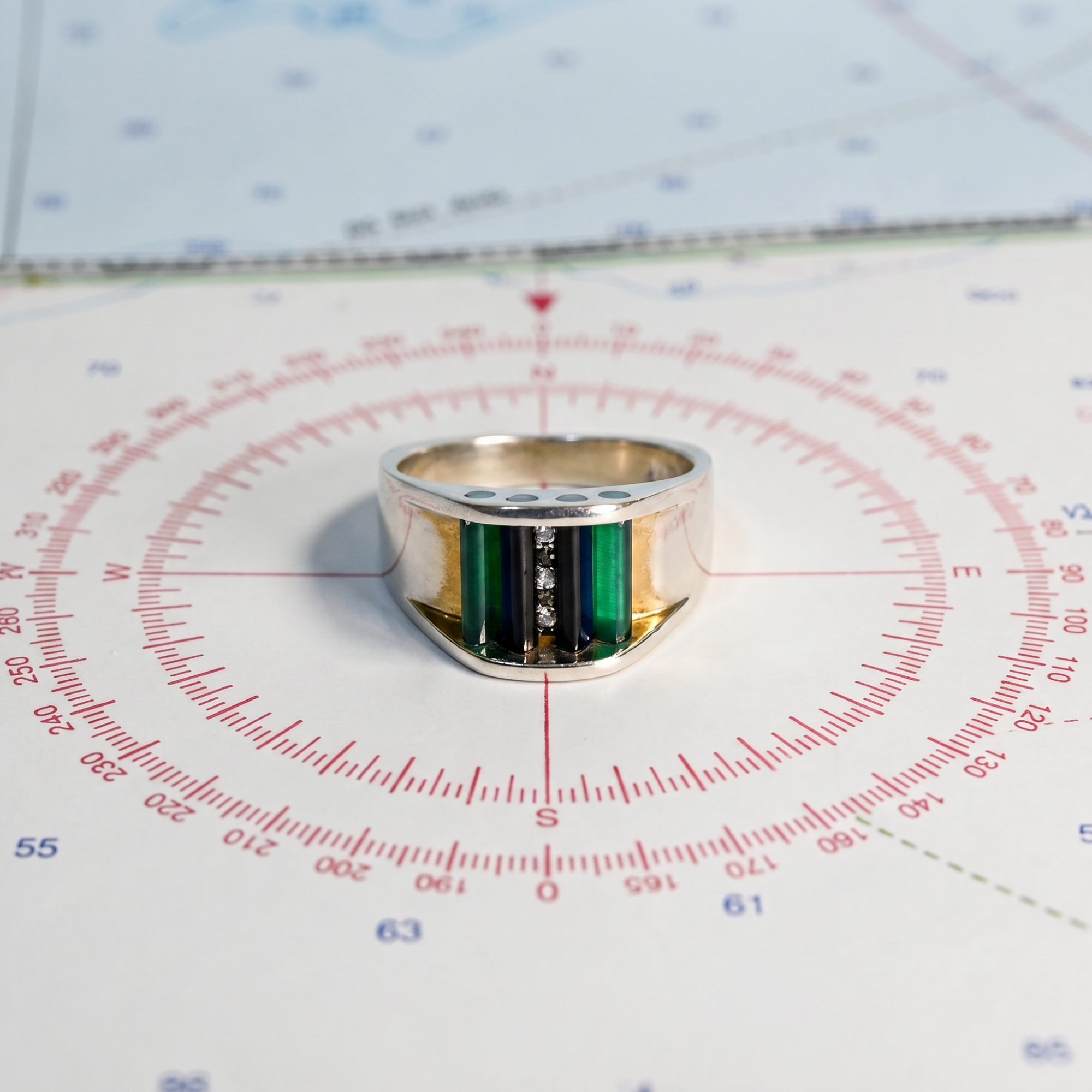 Capture Ring in Argentium and Sterling Silver with 10mm Cubic Zirconia, Blue and Green Onyx