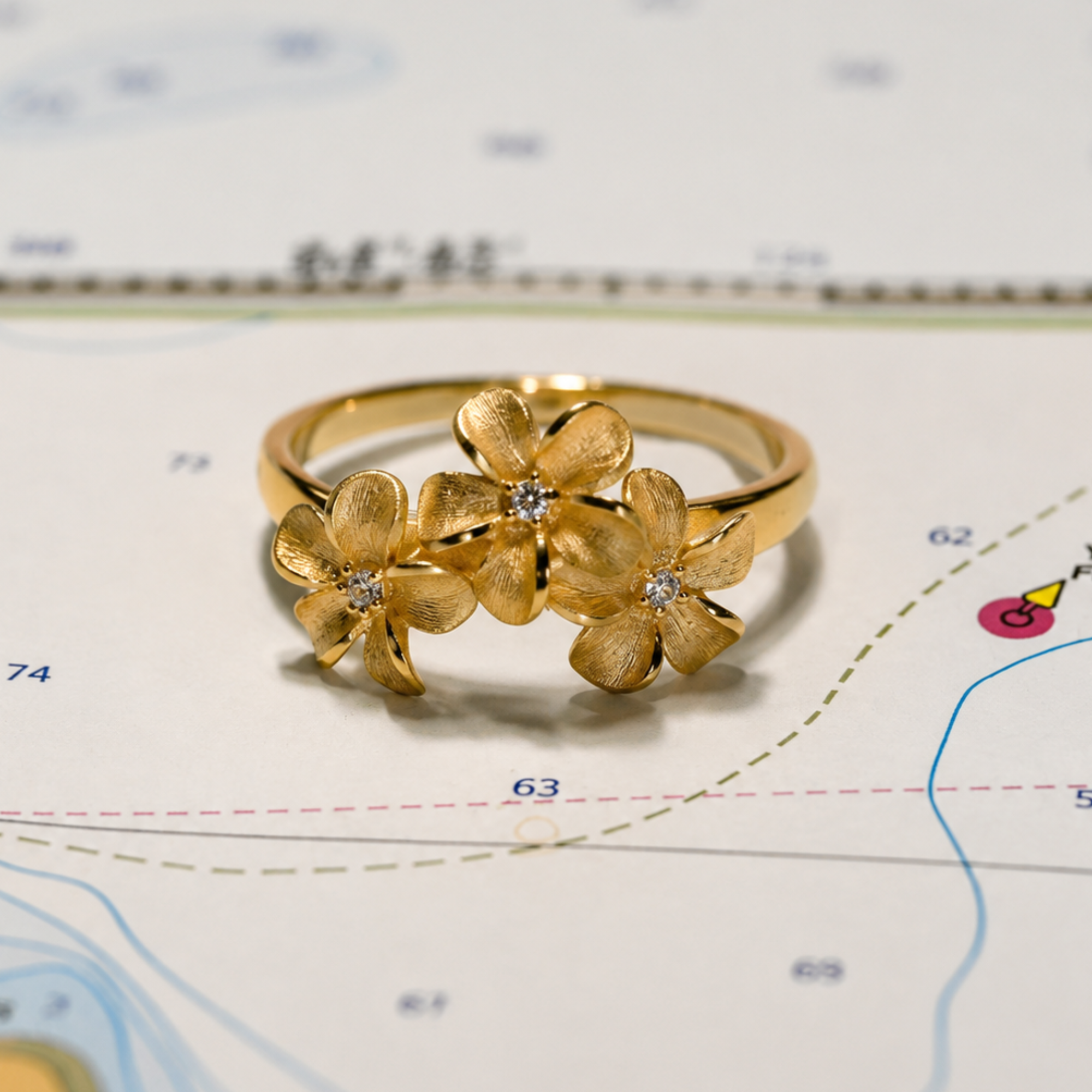 Plumeria Flower Ring in 14K Yellow Gold with Three Diamonds (0.04 cttw)