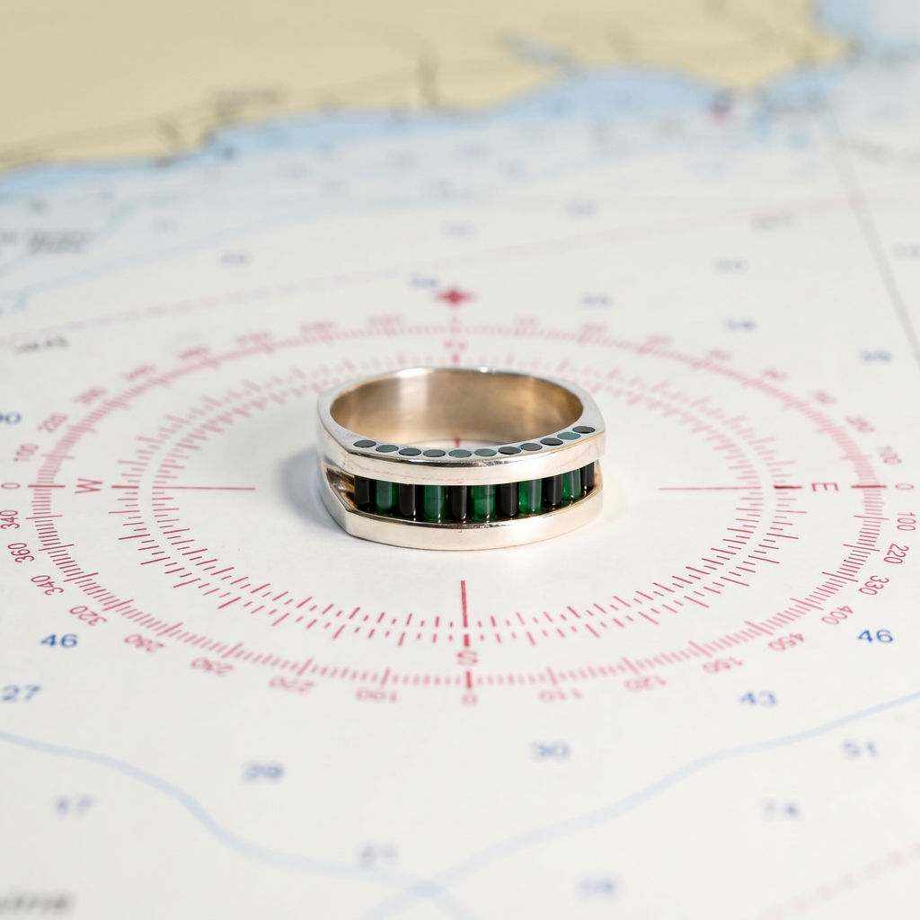 Men's Aperture Ring in Argentium and Sterling Silver with Black and Green Cylettes