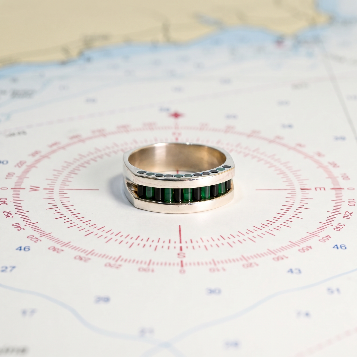 Men's Aperture Ring in Argentium and Sterling Silver with Black and Green Cylettes