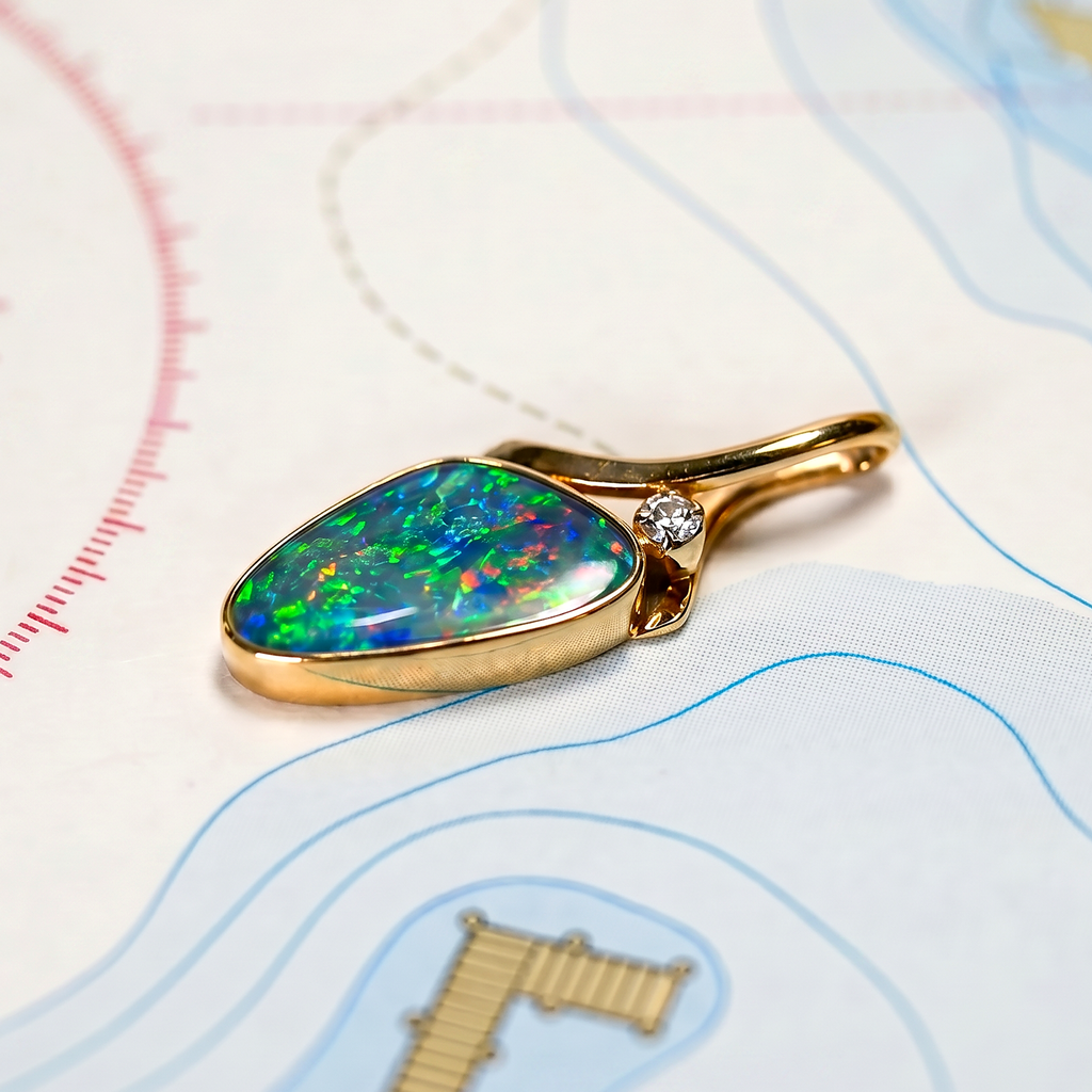 14KYG OPAL DBLT 15X8 DIA .03C PENDANT