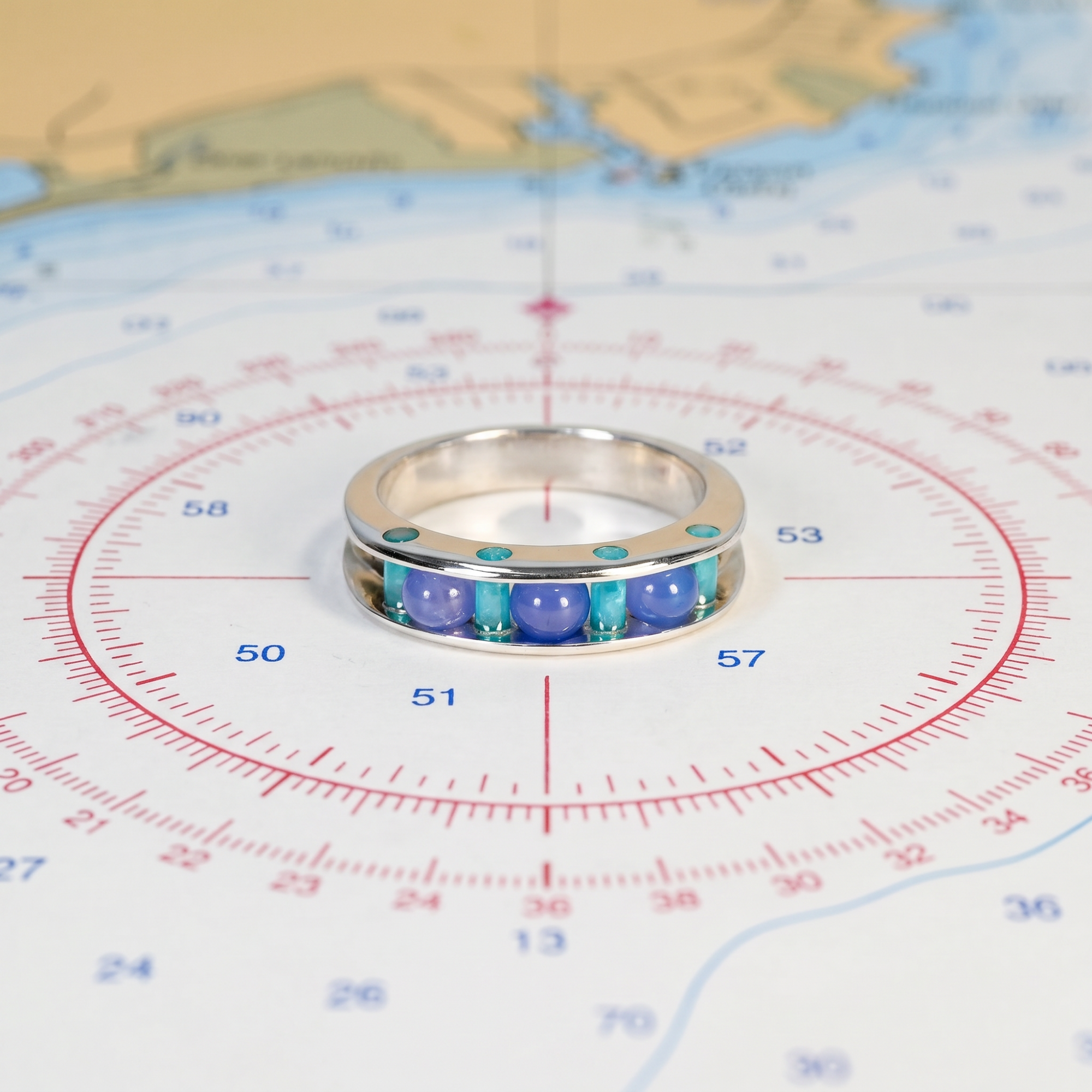Argentium/Sterling Silver 3 Lavender Spheres Glacier Blue Cylettes Channel Ring