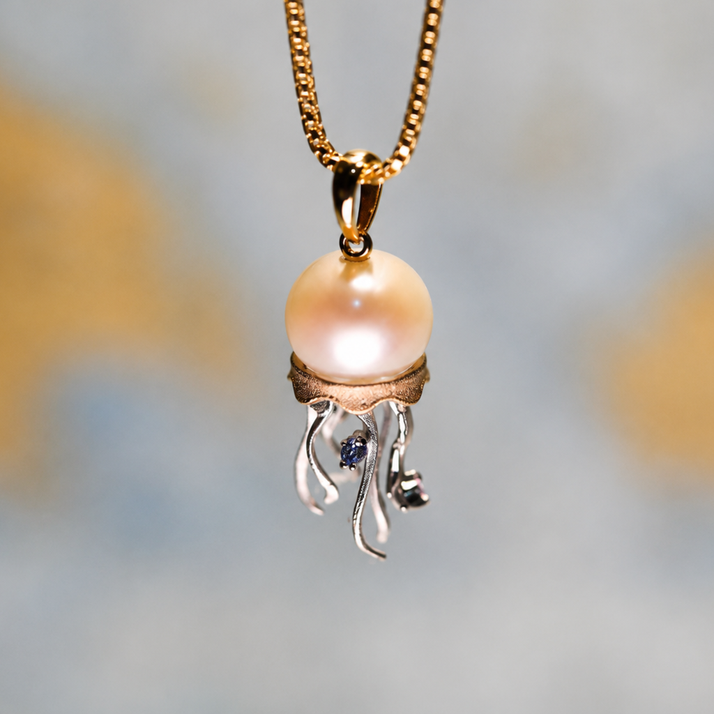 Jellyfish Pendant in Two-Tone 14K Gold with Freshwater Pearl and tinted Diamonds