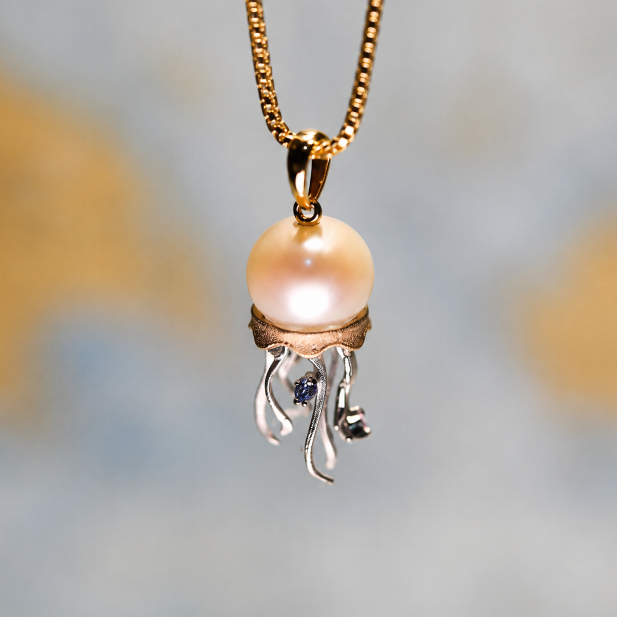 Jellyfish Pendant in Two-Tone 14K Gold with Freshwater Pearl and tinted Diamonds