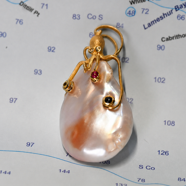 Octopus Pendant in 14K Yellow Gold with Diamonds & multi-color Sapphires