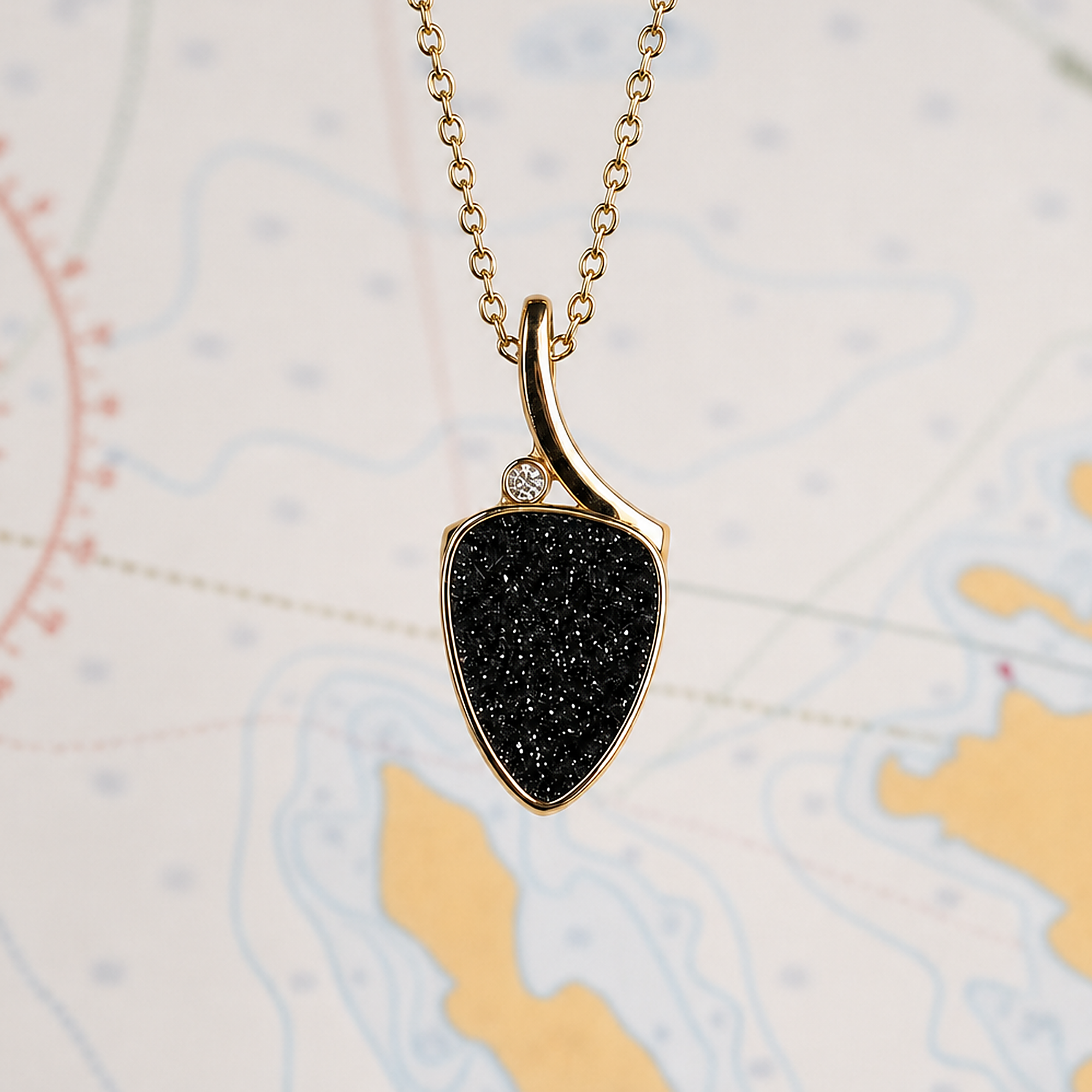 14KYG BLACK DRUSE QTZ 20X14 PENDANT