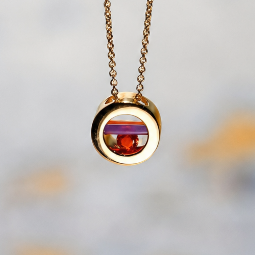 14kyg 20" Adj 14mm Round .17ct Fire Opal/Lavendar Onyx Capture Necklace