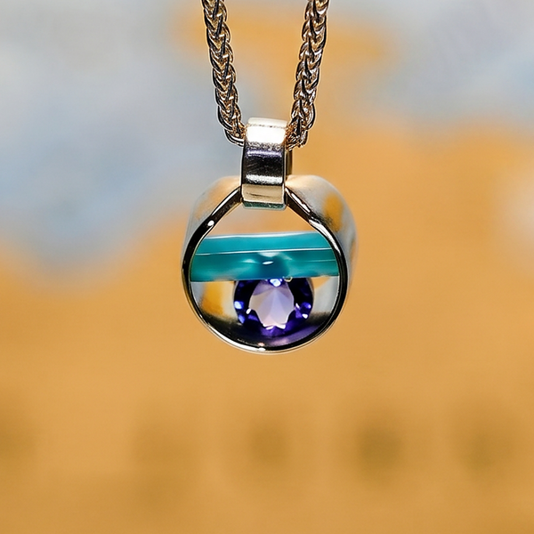 Argentium/Sterling Silver 20" 11mm .42ct Iolite/Caribbean Blue Onyx Capture Pendant
