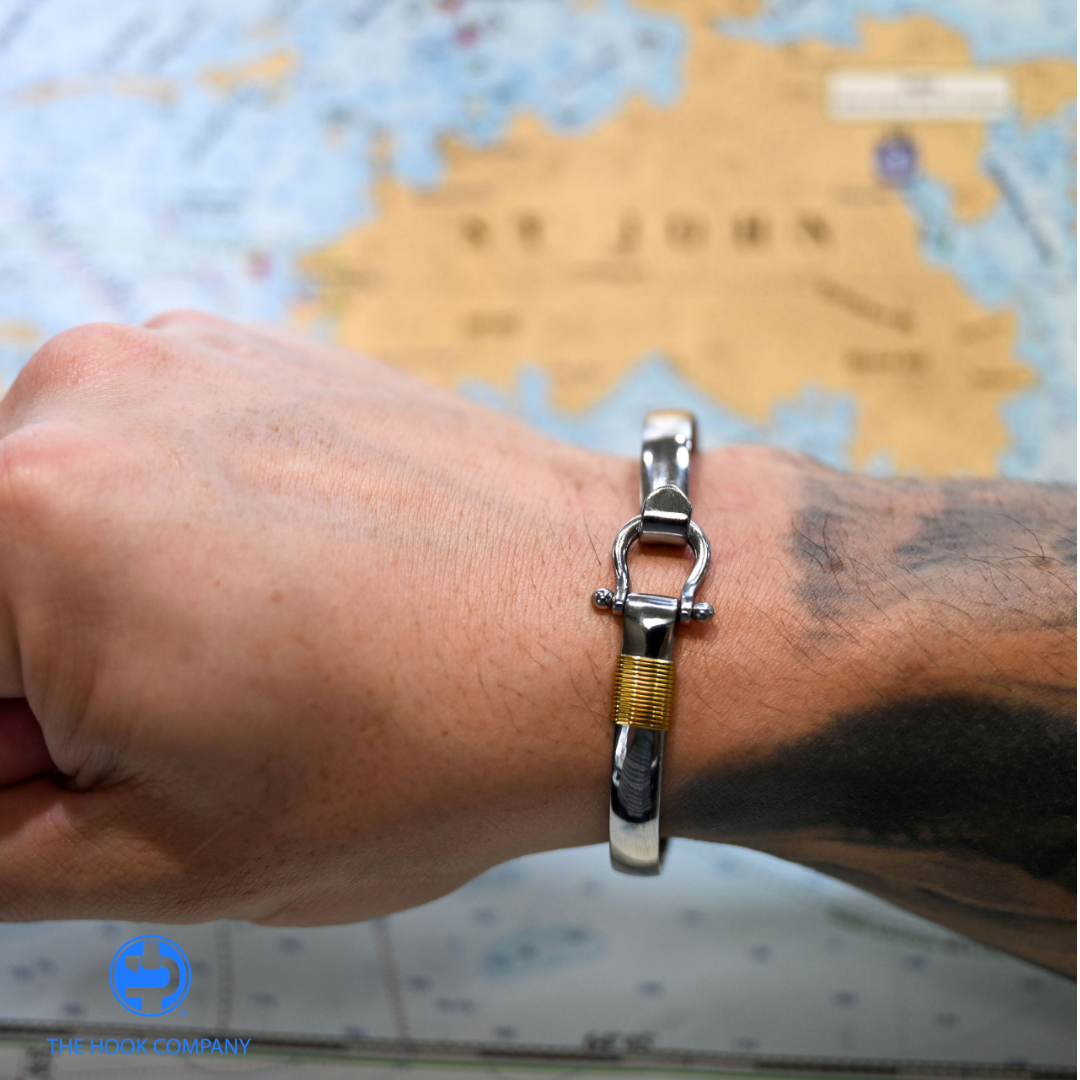 Titanium Shackle Hook Bracelet with Yellow Tone Wrap (7mm) - Size 8.5