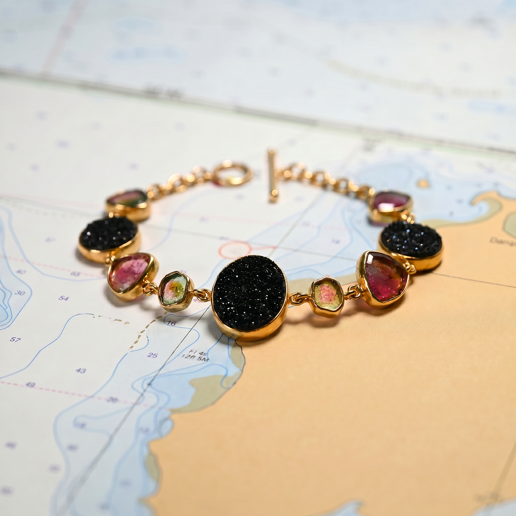 Link Bracelet in 14K Yellow Gold with Black Druzy and Tourmaline