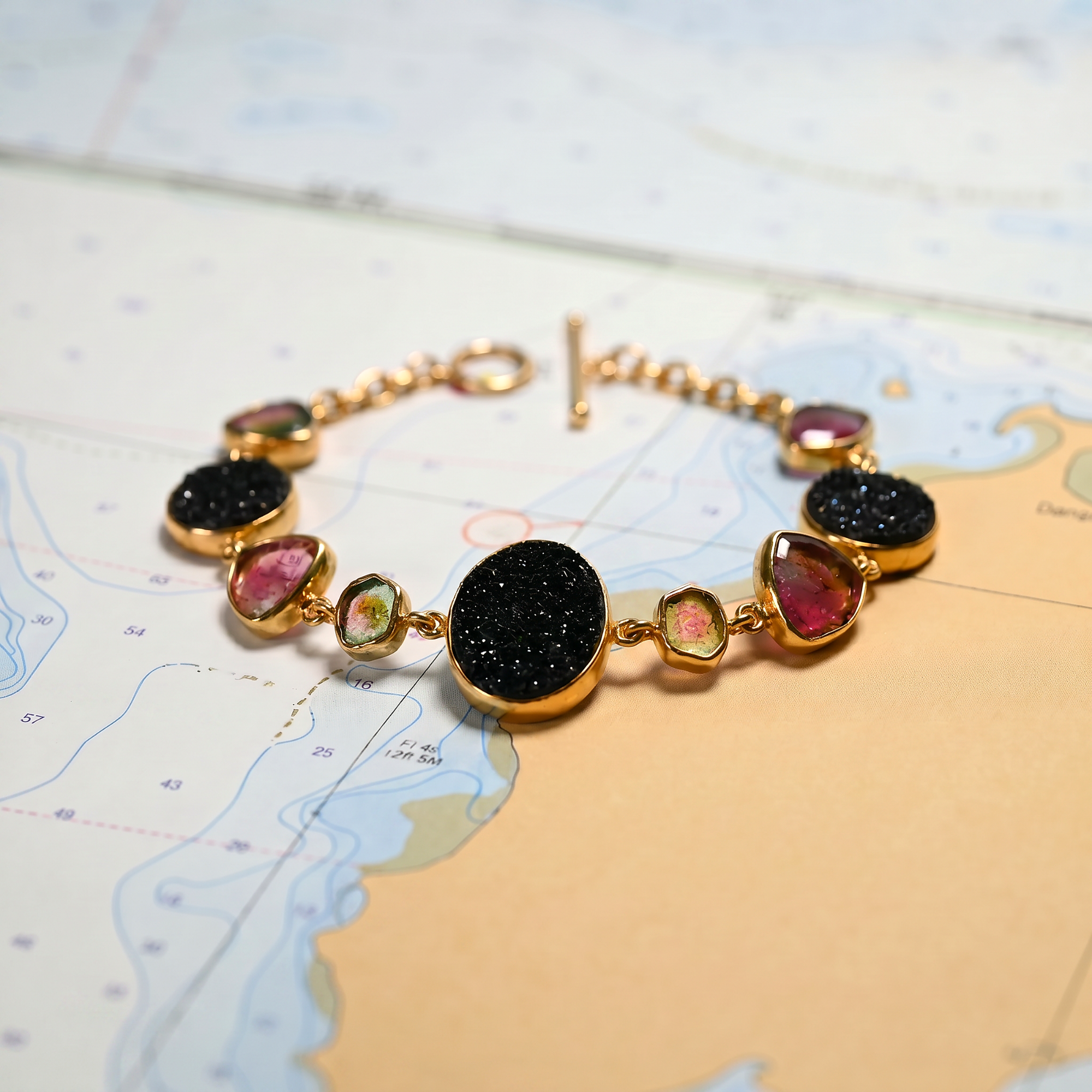 14KY BLACK DRUZY 11.09 CT TOURM SL 14.14CT LINK BRACELET
