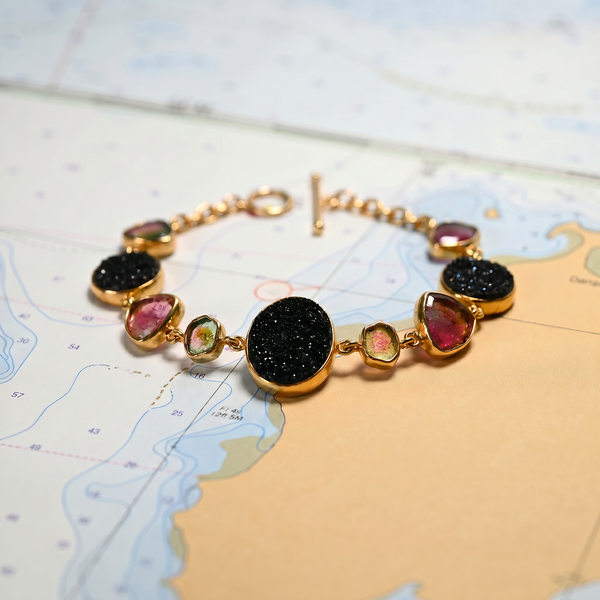 Link Bracelet in 14K Yellow Gold with Black Druzy and Tourmaline