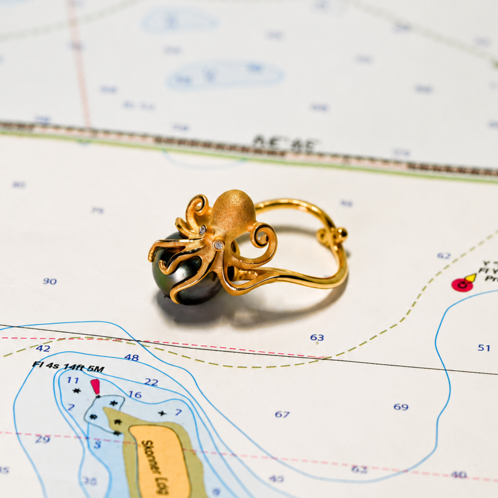 Tahitian Pearl Octopus Ring in 14K Yellow Gold with Diamonds