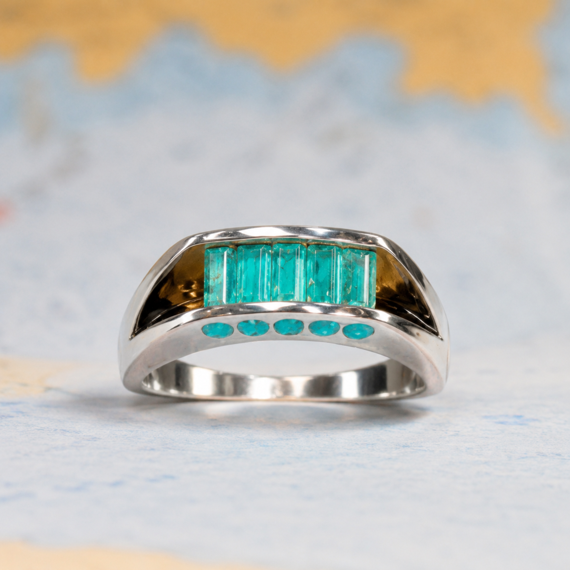 Argentium/Sterling Silver 5 stone Caribbean Blue Cylettes Aperture Ring