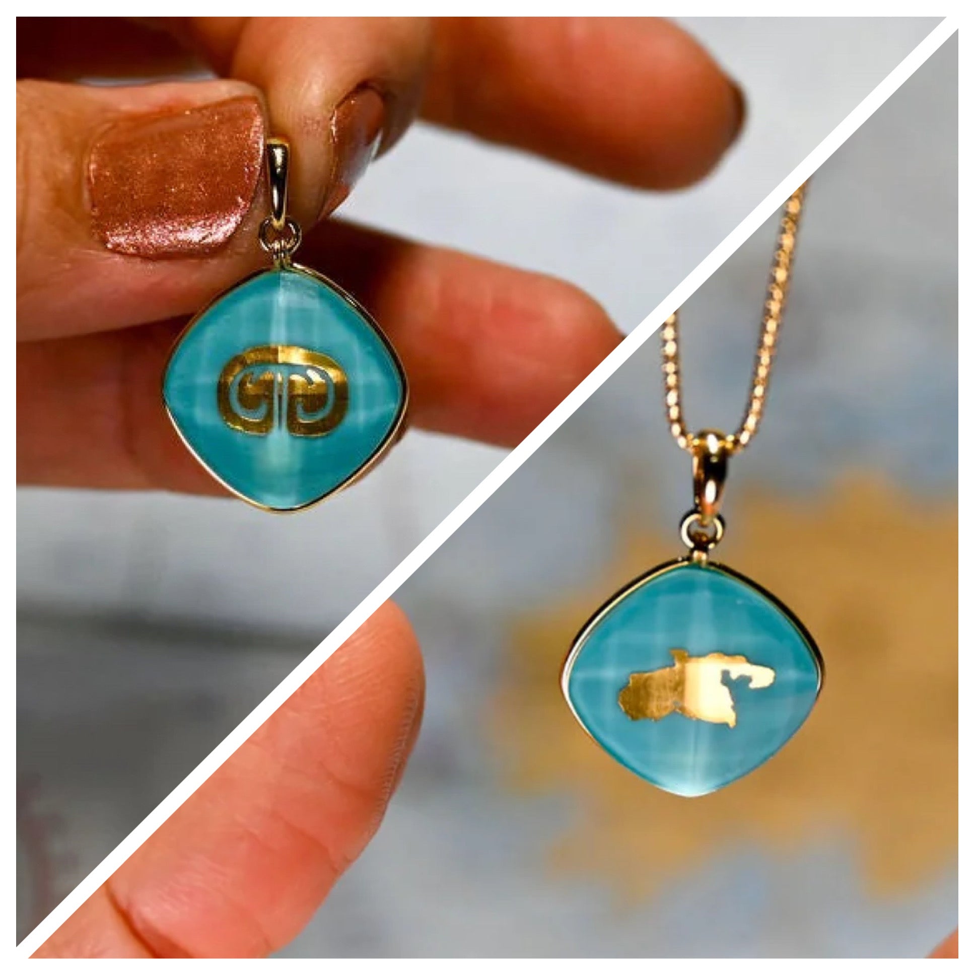 Reversible St. John / Petroglyph Turquoise Pendant in 18K Yellow Gold with 24K Gold Leaf and Quartz Crystal
