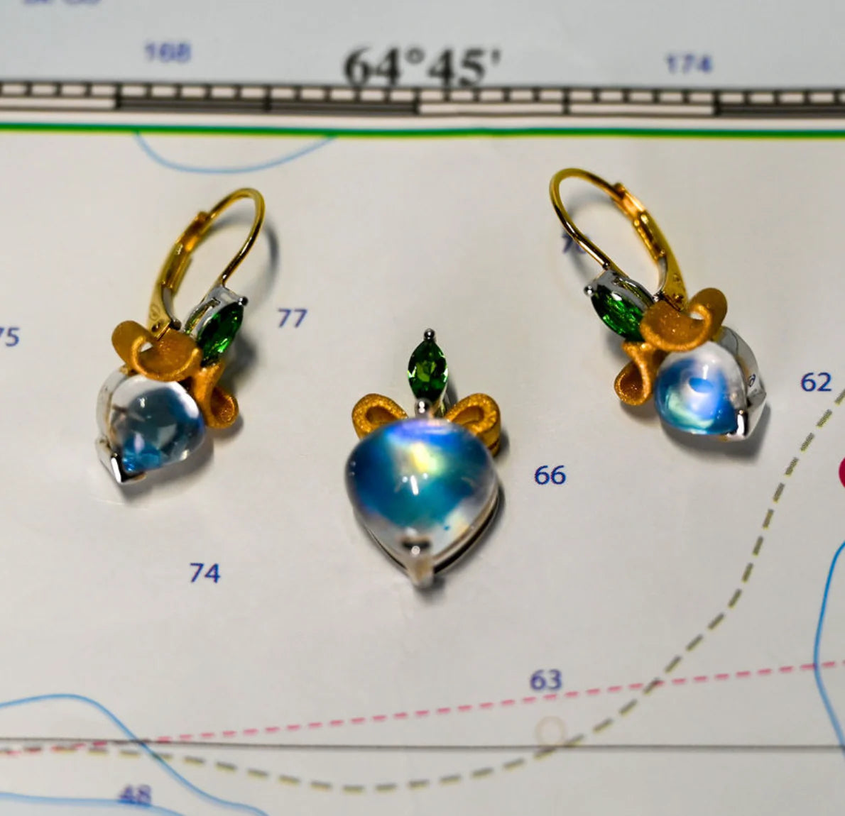 Moonstone Earrings (2.18 cttw) in 18K Two-Tone Gold with Tsavorite (0.30 cttw) and Blue Topaz (0.81 cttw) accents