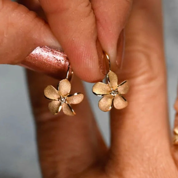 Plumeria Flower Earrings in 14K Yellow Gold with Two White Diamonds (0.044 cttw)