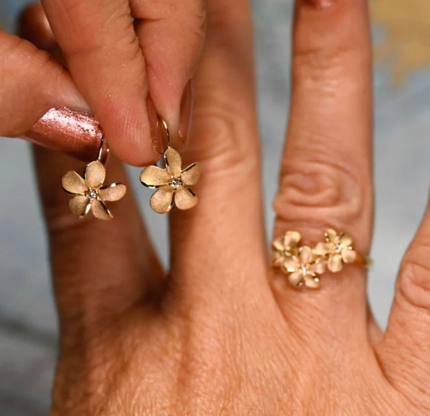 Plumeria Flower Earrings in 14K Yellow Gold with Two White Diamonds (0.044 cttw)