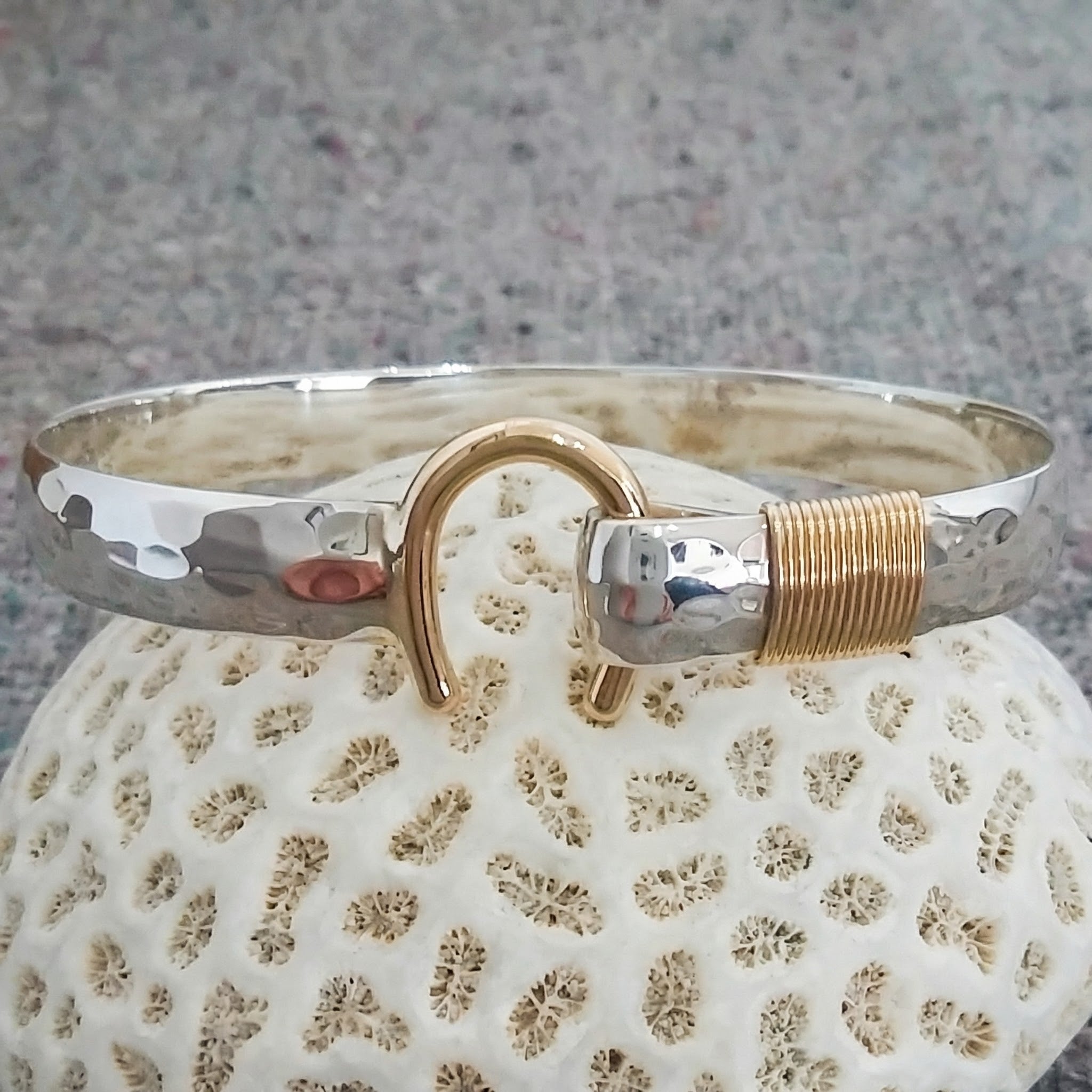 Sterling Hammered Caribbean Hook Bracelet with 14k Hook & Wrap