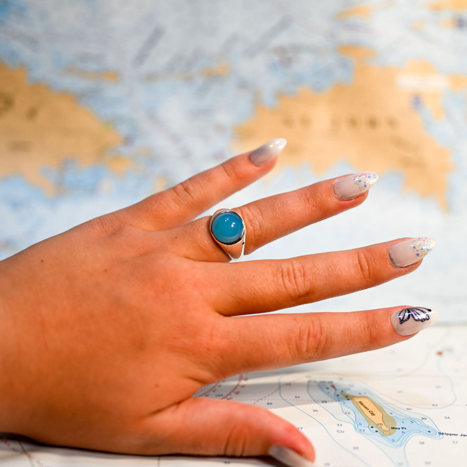 Argentium/Sterling Silver 12mm Round Turquoise Sea Agate Cabachon Ring w/3 sapphires (.03cttw)