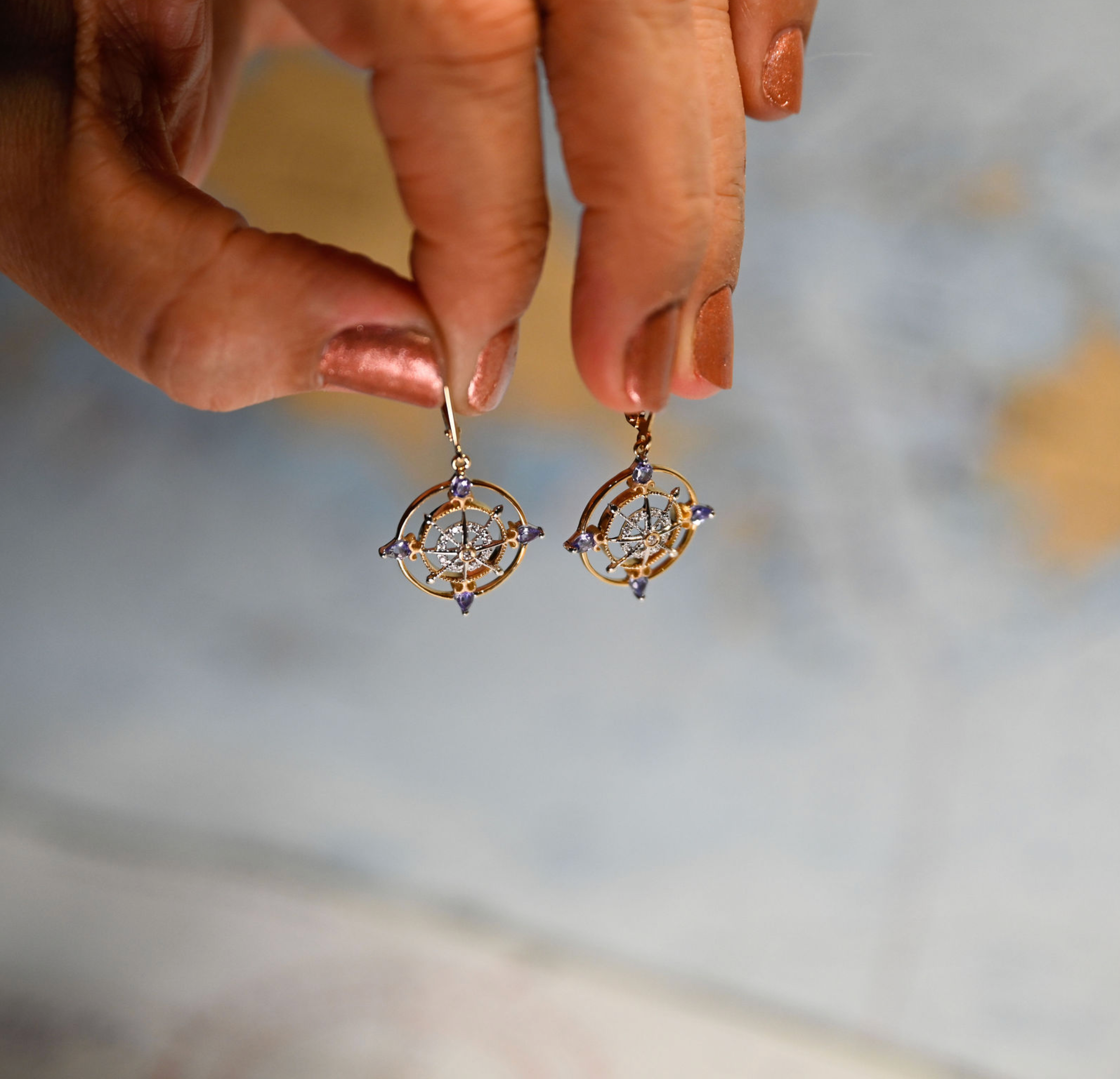 14k 2-Tone "Compass Rose" Leverback Earrings with diamonds and Tanzanite