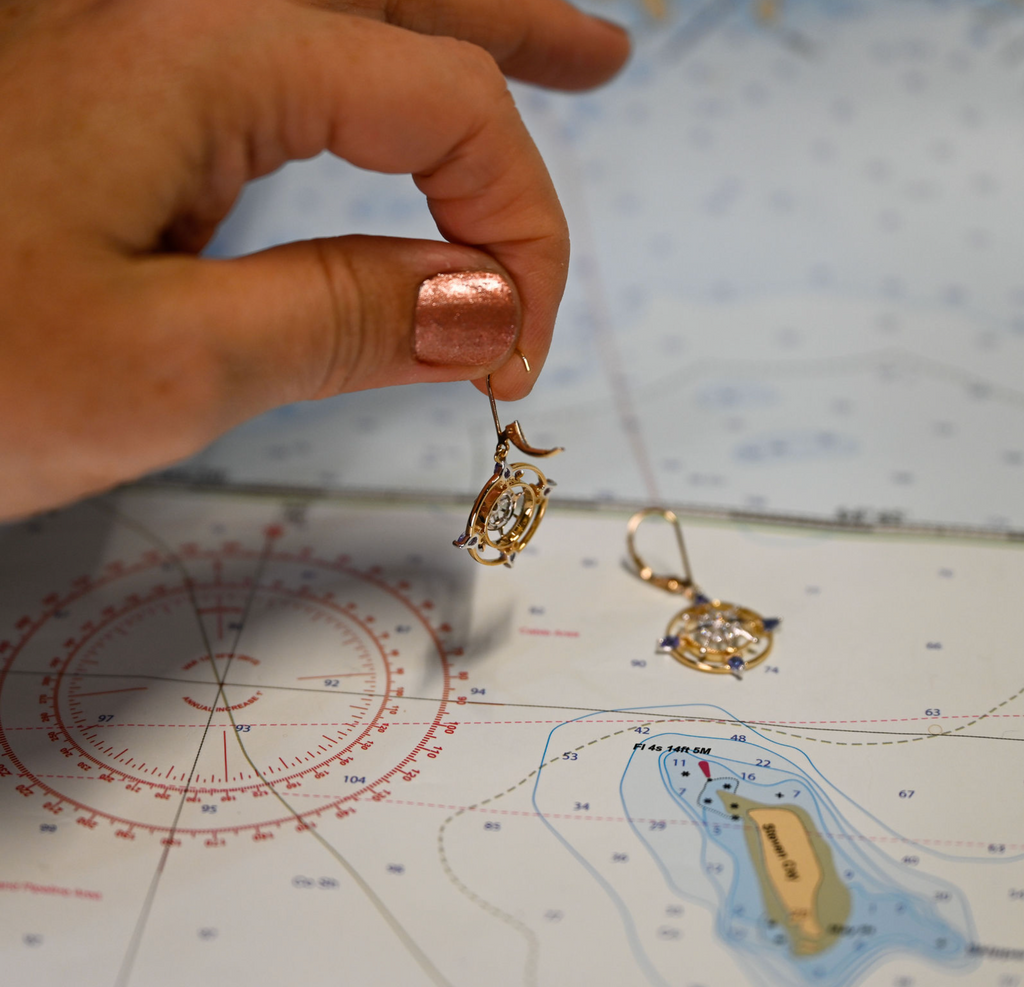 14k 2-Tone "Compass Rose" Leverback Earrings with diamonds and Tanzanite