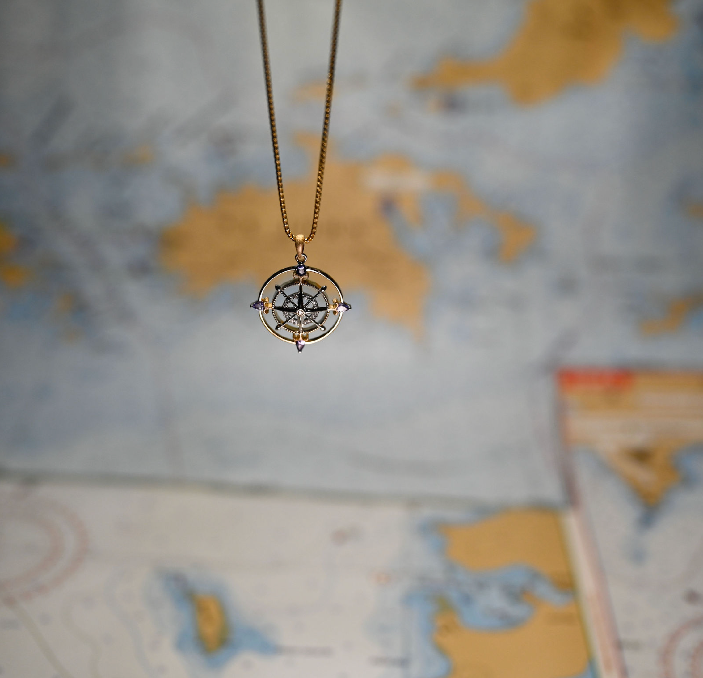 14 k 2-Tone "Compass Rose" Pendant w/17 diamonds (.07cttw) 4 Tanzanite