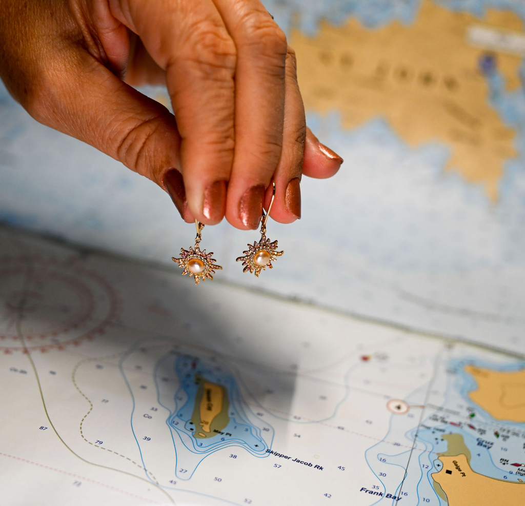 14kyg "Sunburst" Leverback Earrings multi-color sapphires (.60cttw) and freshwater pearl