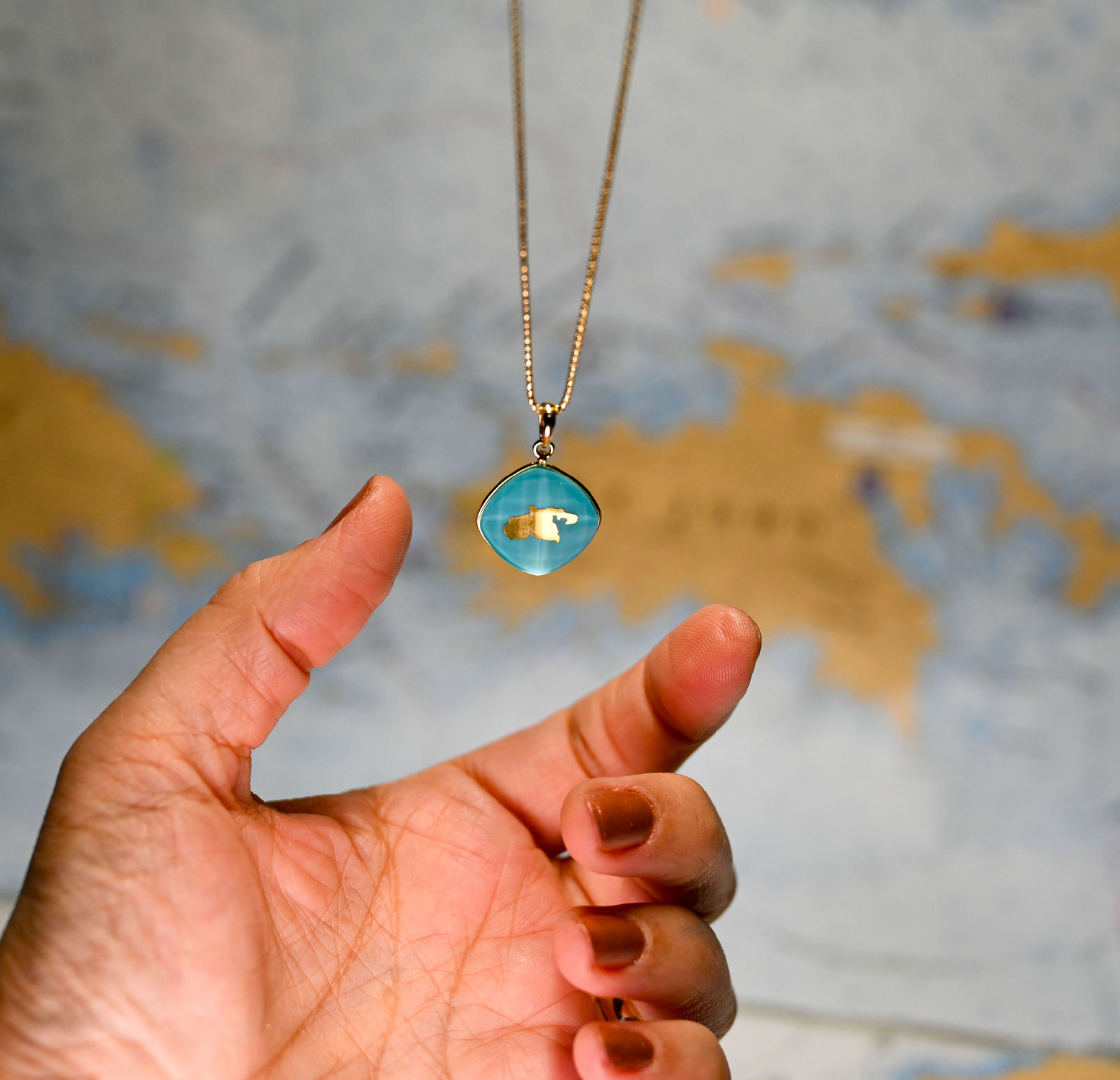 18kyg 16mm Reversible St John Island/Petroglyph Pendant w/Turquoise,24k gold leaf, quartz crystal