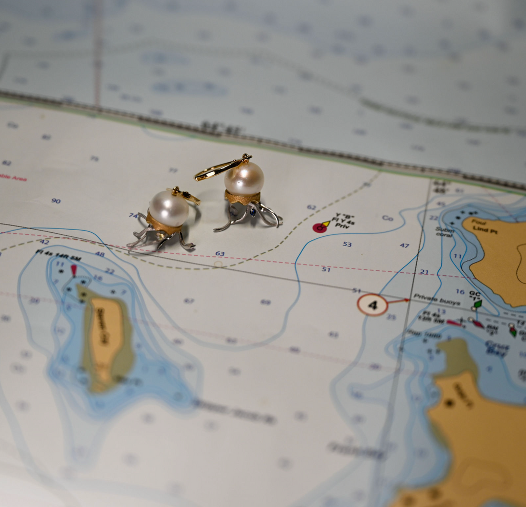 14k 2-Tone Jellyfish Leverback Earrings w/freshwater pearl, tinted diamonds