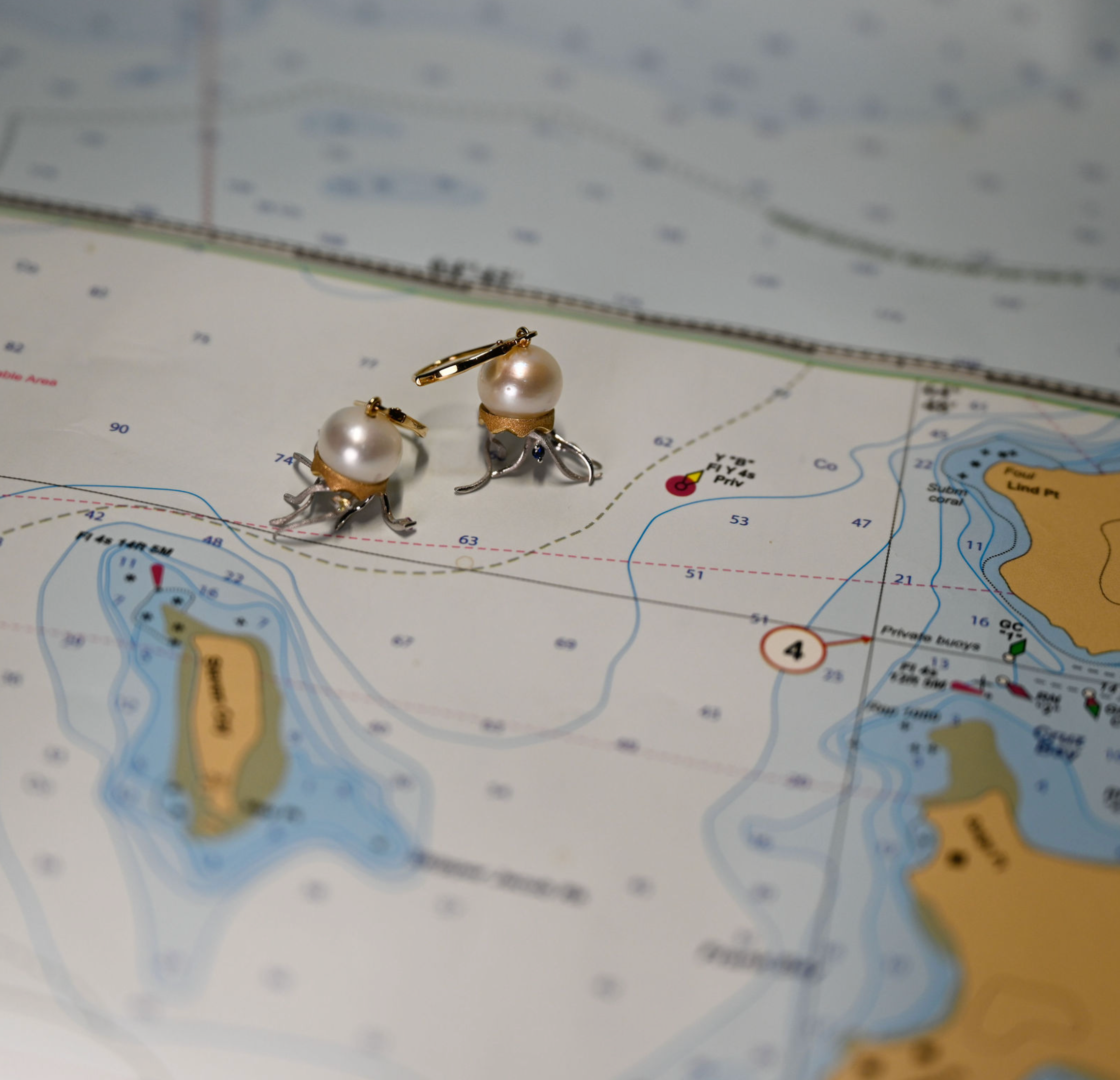 14k 2-Tone Jellyfish Leverback Earrings w/freshwater pearl, tinted diamonds