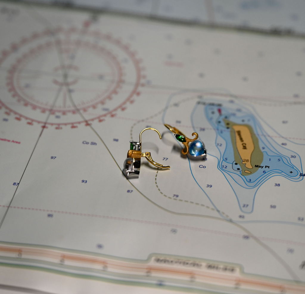 18K 2-Tone Earrings Moonstone (2.18 cttw) Tsavorite (.30 cttw), Blue Topaz (.81cttw)