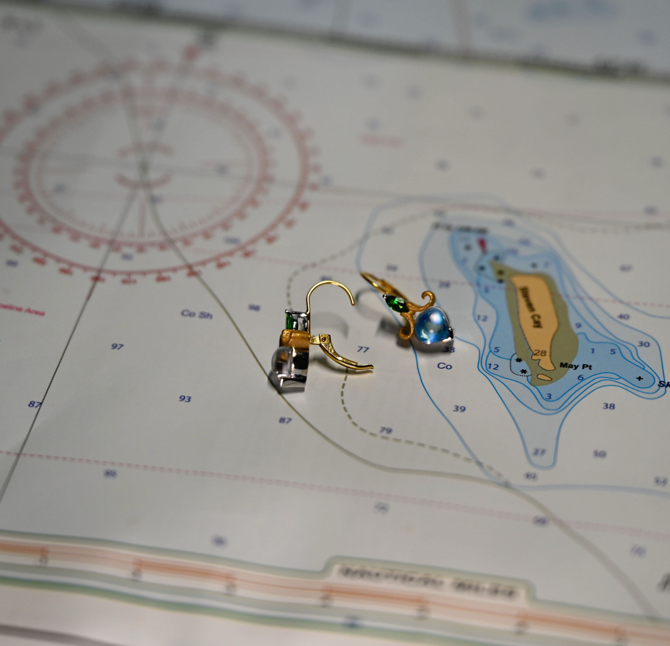 18K 2-Tone Earrings Moonstone (2.18 cttw) Tsavorite (.30 cttw), Blue Topaz (.81cttw)