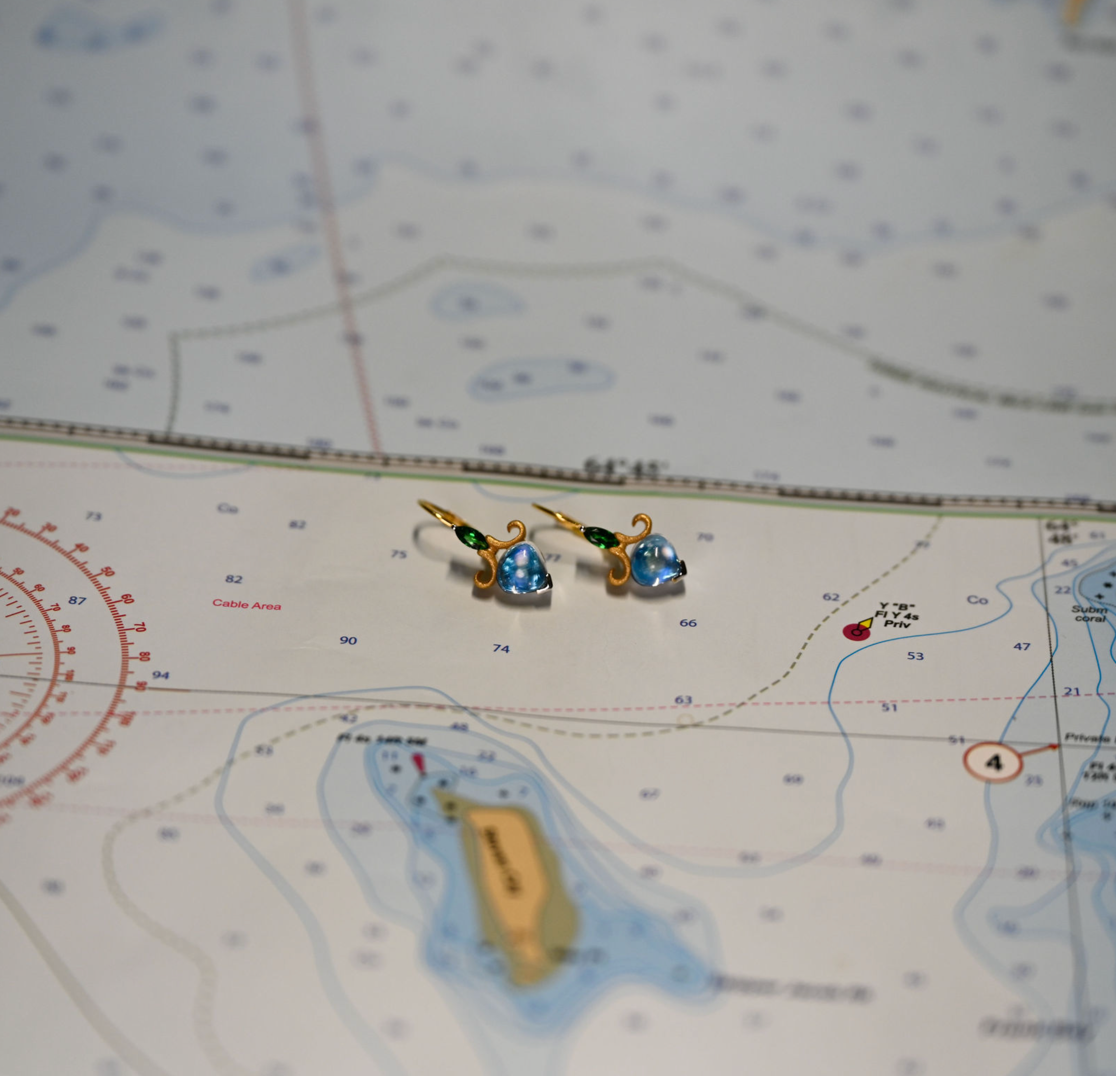 18K 2-Tone Earrings Moonstone (2.18 cttw) Tsavorite (.30 cttw), Blue Topaz (.81cttw)