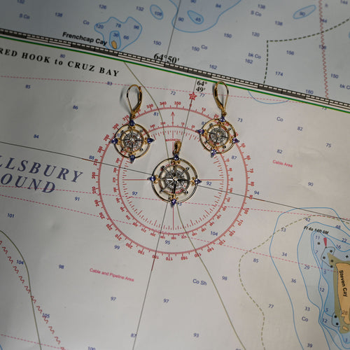 14k 2-Tone "Compass Rose" Leverback Earrings with diamonds and Tanzanite