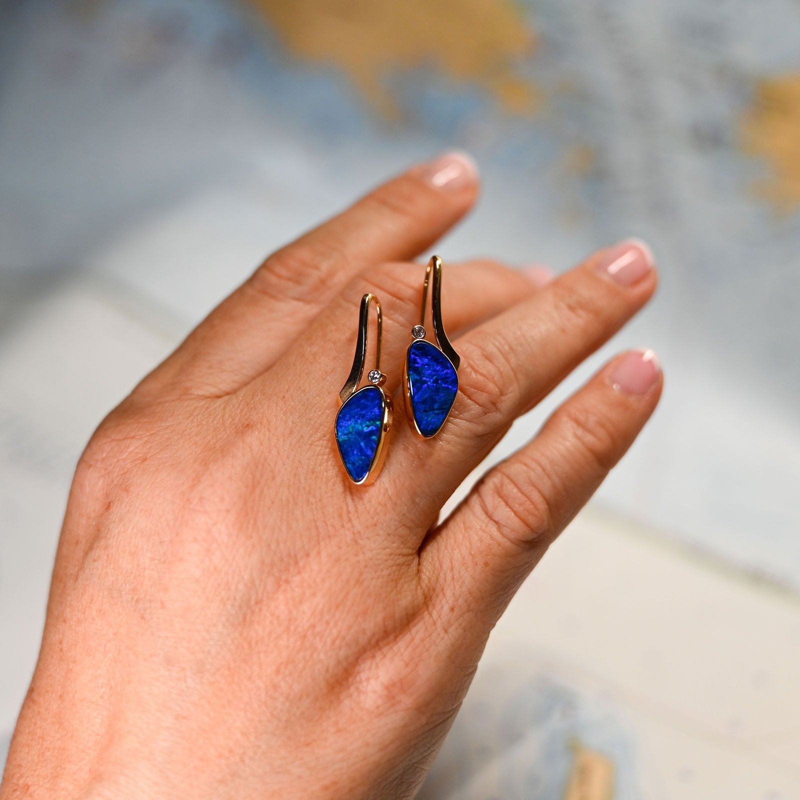 14KY OPAL DBLT 4.75CTW W/0.06CTW DIA DROP EARRINGS