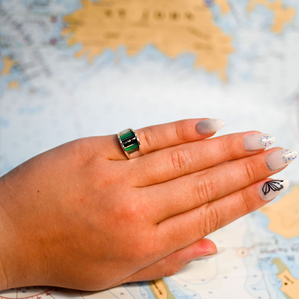 Capture Ring in Argentium and Sterling Silver with 10mm Cubic Zirconia, Blue and Green Onyx
