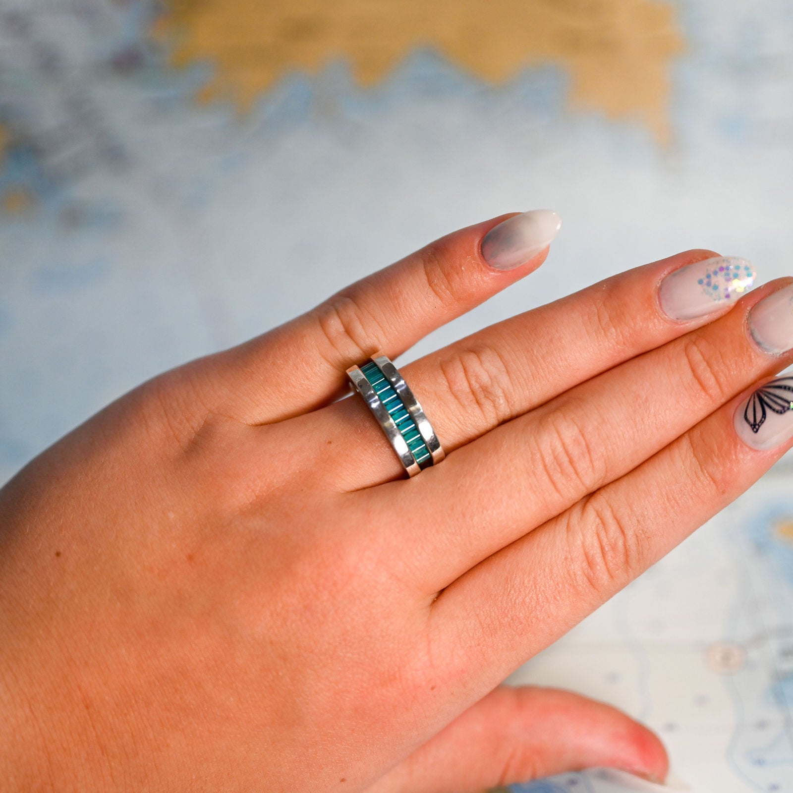 Argentium/Sterling Silver Gents Aperture Premium Carib Blue Cylettes Ring