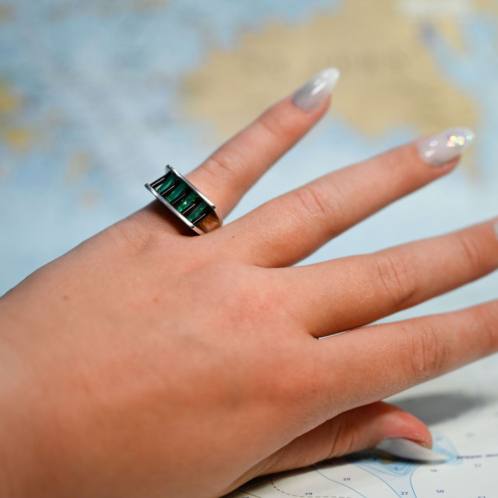 Opposing Vechio Ring in Argentium and Sterling Silver with Black and Green Onyx Cylettes