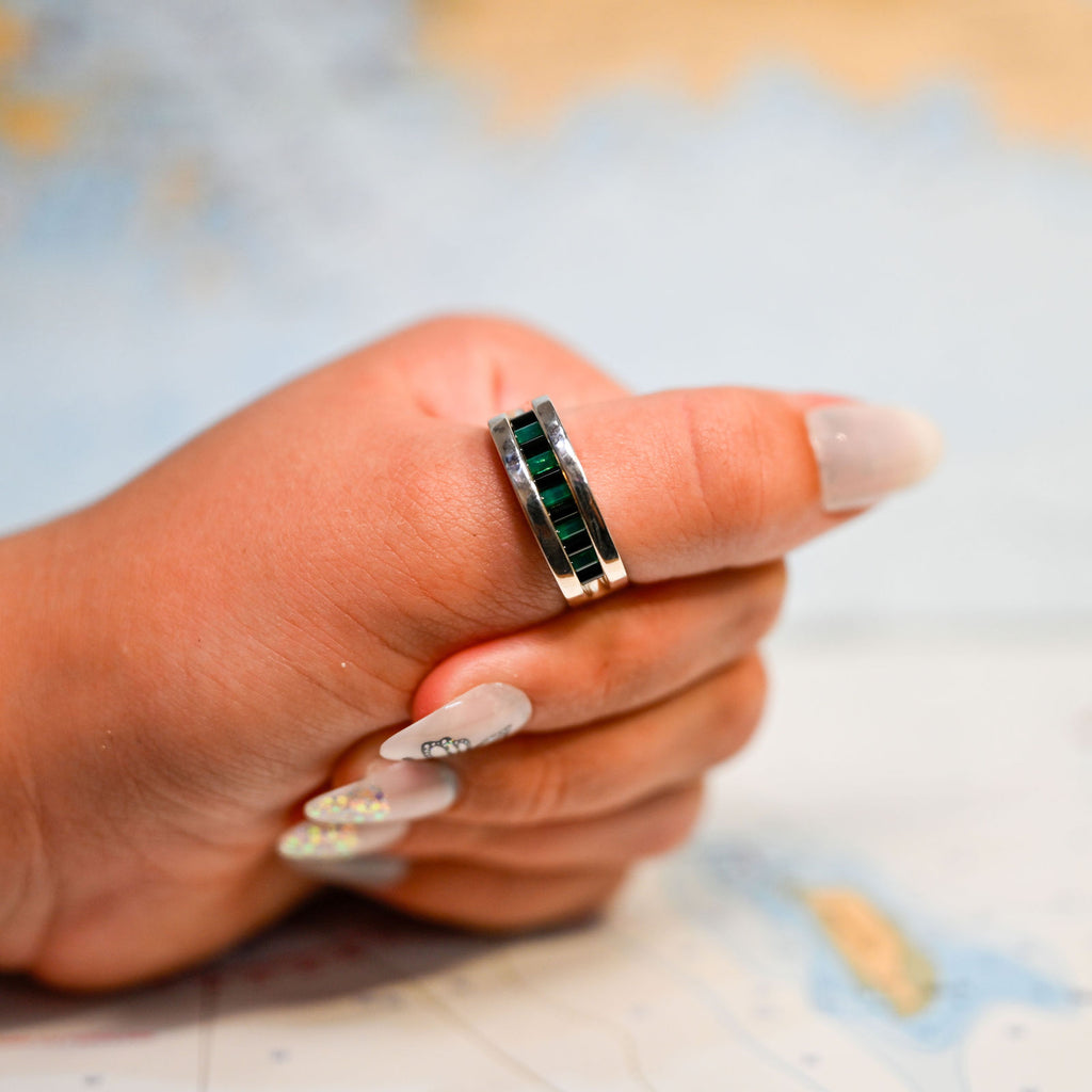 Men's Aperture Ring in Argentium and Sterling Silver with Black and Green Cylettes