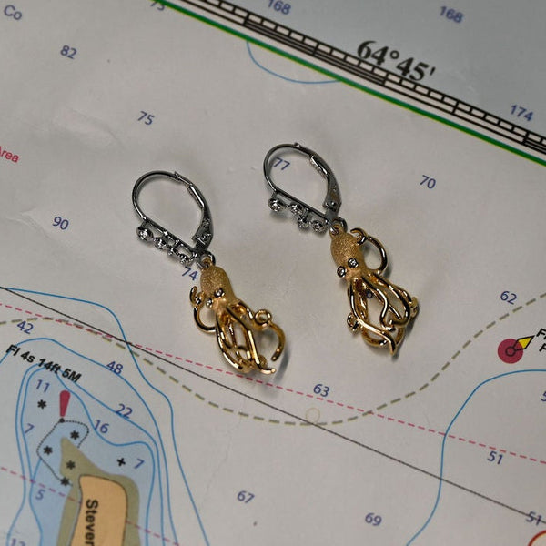 14k 2-Tone Octopus Earrings w/12 Diamonds (.10 cttw)