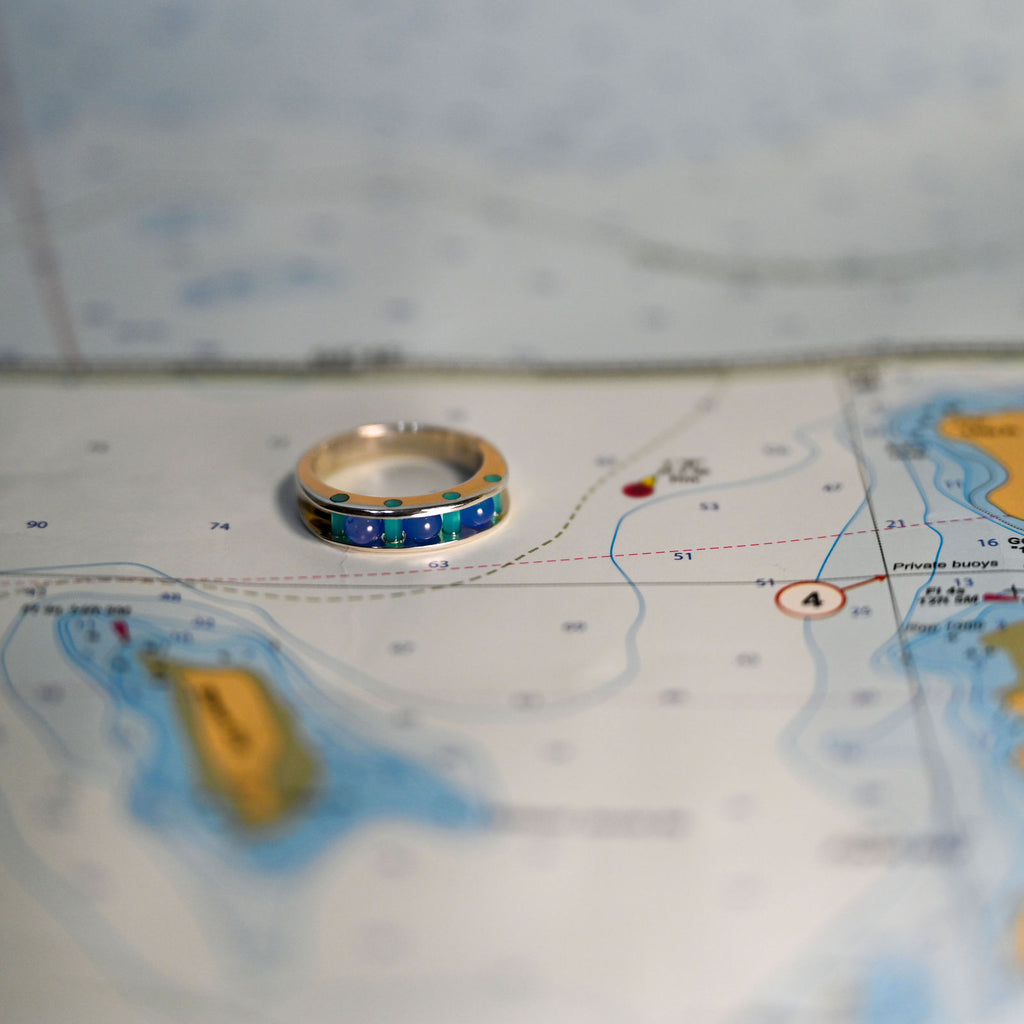 Argentium/Sterling Silver 3 Lavender Spheres Glacier Blue Cylettes Channel Ring