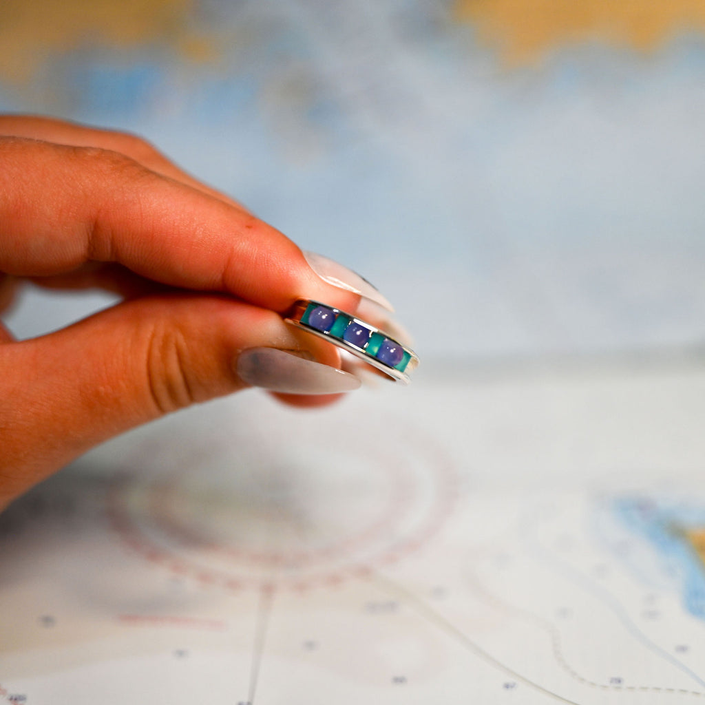 Argentium/Sterling Silver 3 Lavender Spheres Glacier Blue Cylettes Channel Ring